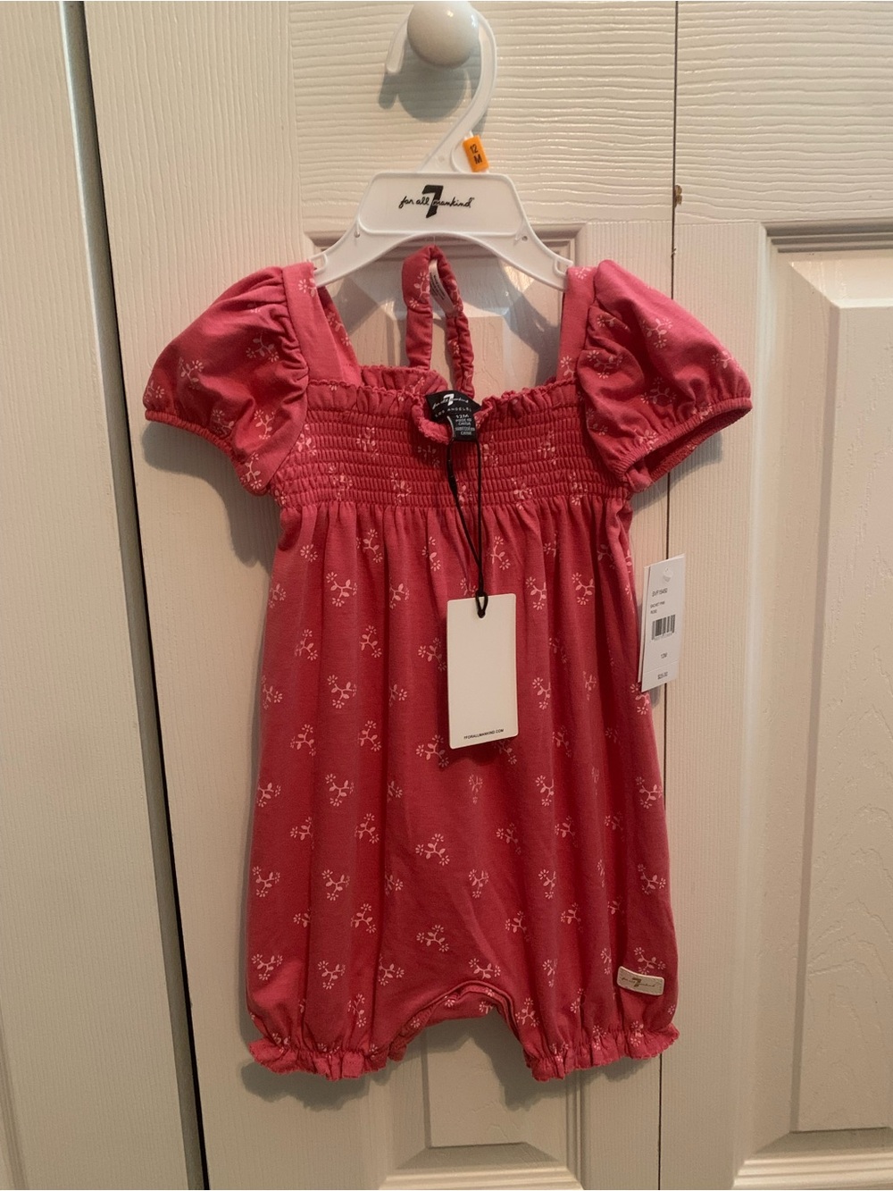7 For All Mankind Pink Smocked Short Sleeve Baby Romper